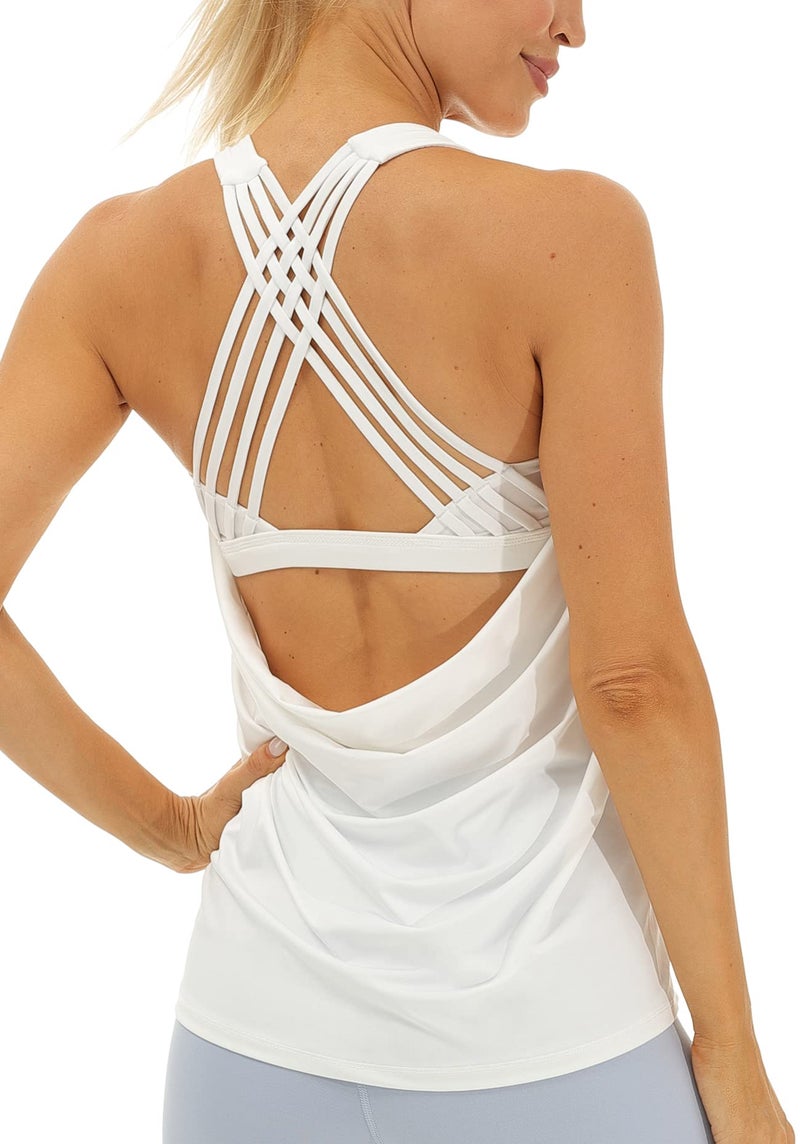 icyzone Yoga Tops Workouts Clothes Activewear Built in Bra Tank Tops for Women (Off White, S) - Image 1